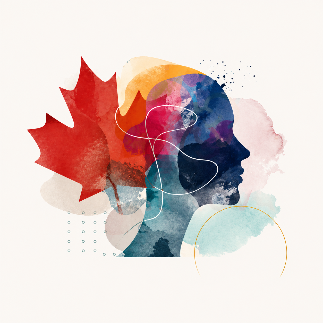 Abstract artwork of a profile silhouette, maple leaf, and layered watercolor shapes for Inclusive Innovators.